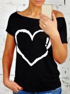 Romwe Black Heart Printing Short Sleeve T-shirt