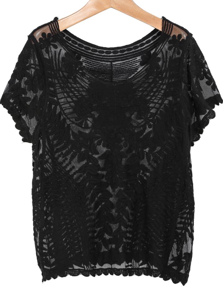 Romwe Short Sleeve Embroidered Gauze Black Blouse