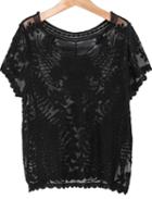 Romwe Short Sleeve Embroidered Gauze Black Blouse