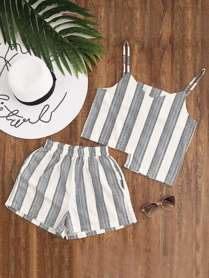 Romwe Striped Asymmetric Hem Cami Top With Shorts