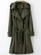 Romwe Army Green Lapel Suede Trench Coat With Belt