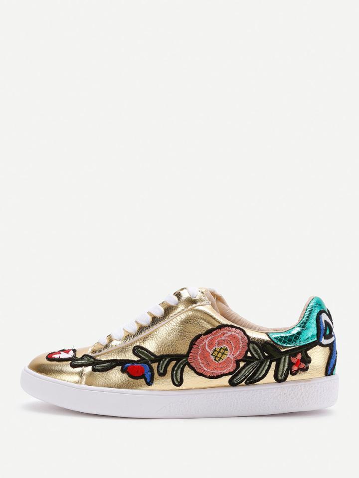 Romwe Embroidery Design Lace Up Sneakers