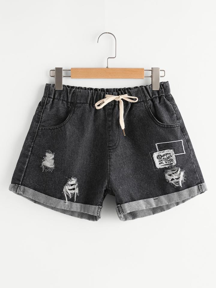Romwe Ripped Patch Detail Drawstring Cuffed Denim Shorts