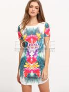 Romwe Multicolor Print Cut Out Short Sleeve Dress