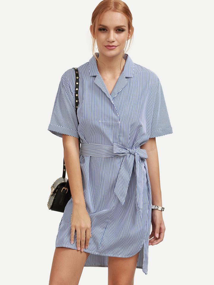 Romwe Blue Vertical Striped Self Tie Shirt Dress