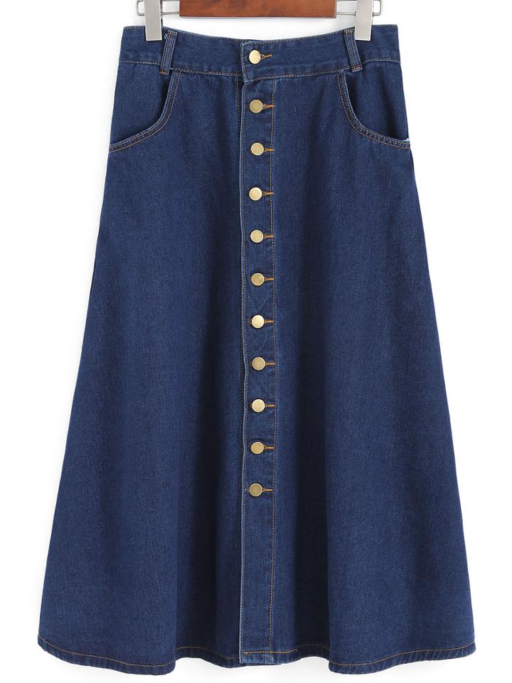 Romwe Single Breasted Denim A-line Skirt