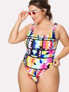 Romwe Geometric Pattern Colorblock Swimsuit