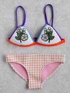 Romwe Flower Embroidery Plaid Print Triangle Bikini Set