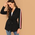 Romwe Striped Side Double Breasted Placket Belted Blazer