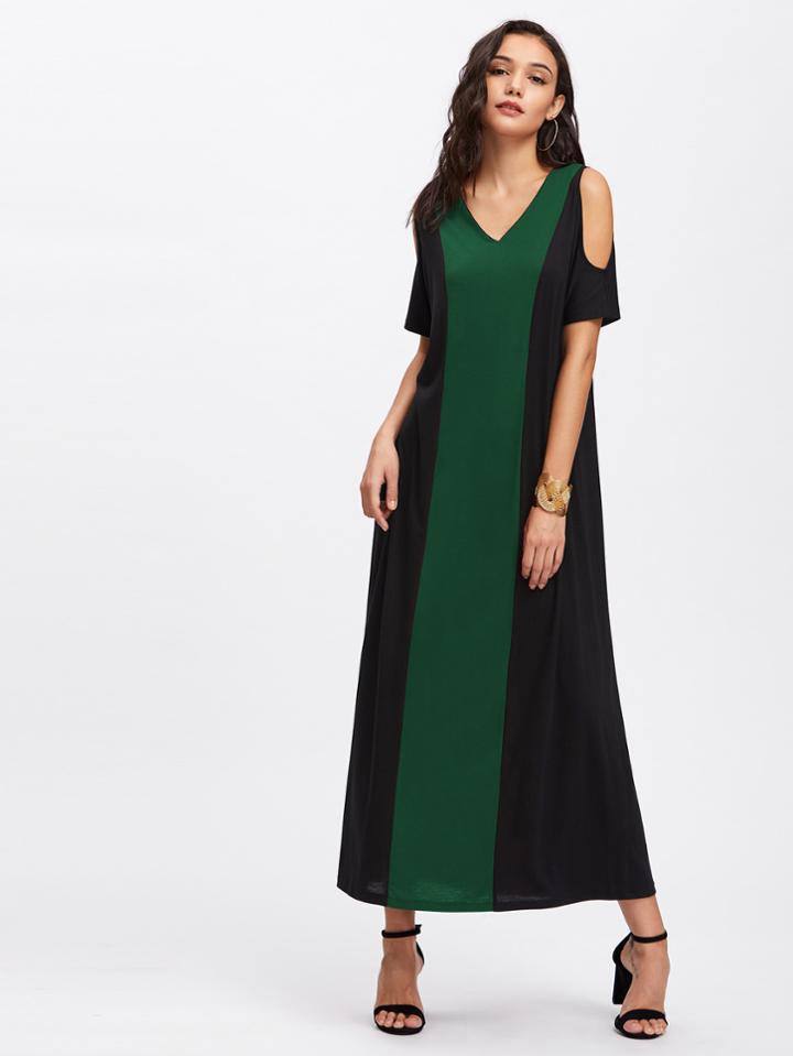 Romwe Contrast Panel Open Shoulder Dress