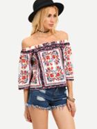 Romwe Off-the-shoulder Vintage Flower Print Top