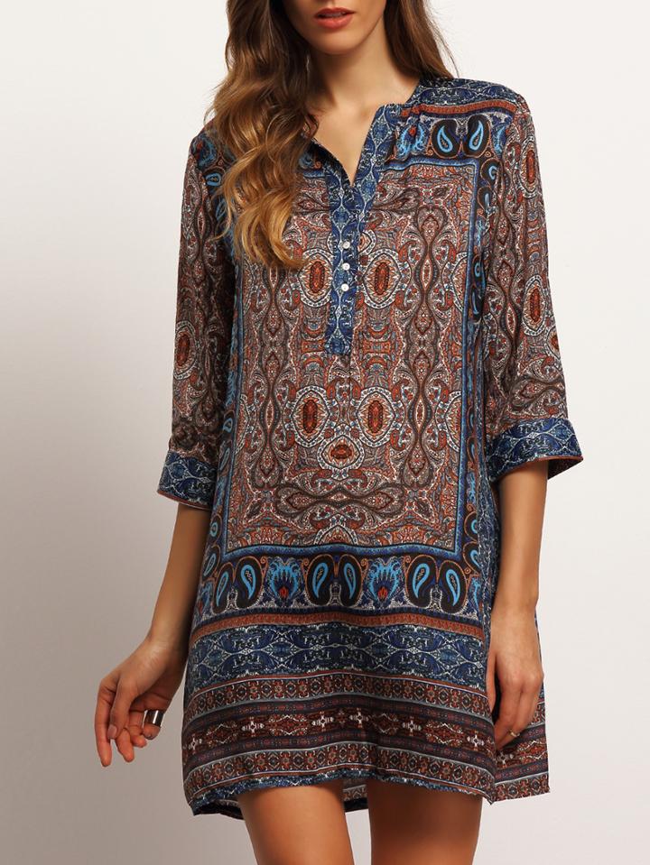 Romwe Multicolor Tribal Print Loose Shirt Dress