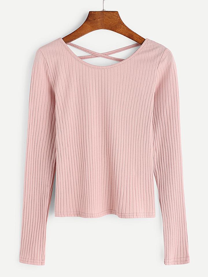 Romwe Pink Ribbed Criss Cross Back T-shirt