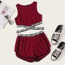 Romwe Crisscross Lettering Tape Trim Tank Top & Dolphin Shorts Set