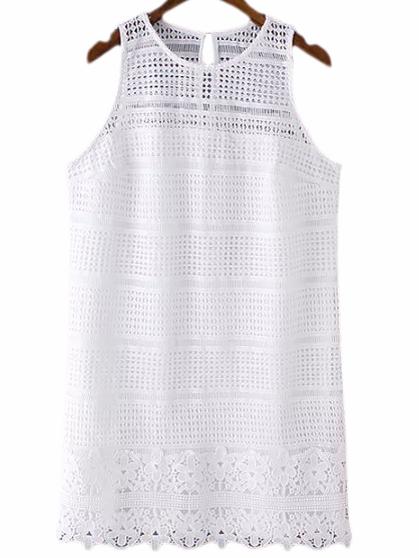 Romwe White Sleeveless Zipper Back Hollow Lace Dress