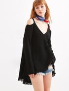 Romwe Black Cold Shoulder Waffle Knit High Low Sweater