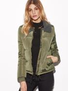 Romwe Army Green Contrast Collar Drawstring Hem Padded Coat