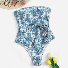 Romwe Random Leaf Print Belted Tube One Piece Swimwear