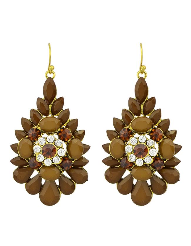 Romwe Coffee Rhinestone Flower Big Drop Earrings