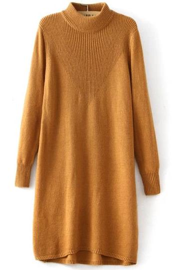 Romwe High Neck Straight Khaki Sweater Dress