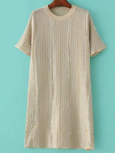 Romwe Apricot Fringe Detail Textured Knit Shift Dress