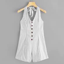 Romwe Single Breasted Striped Halter Romper