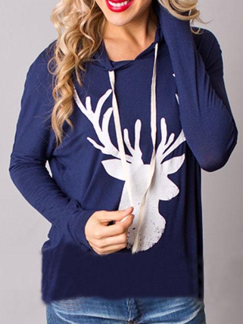 Romwe Hooded Drawstring Deer Print Blue Sweatshirt