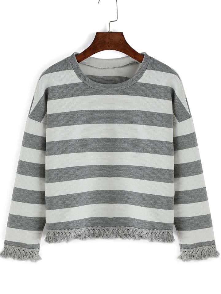 Romwe Dropped Shoulder Seam Striped Fringe T-shirt