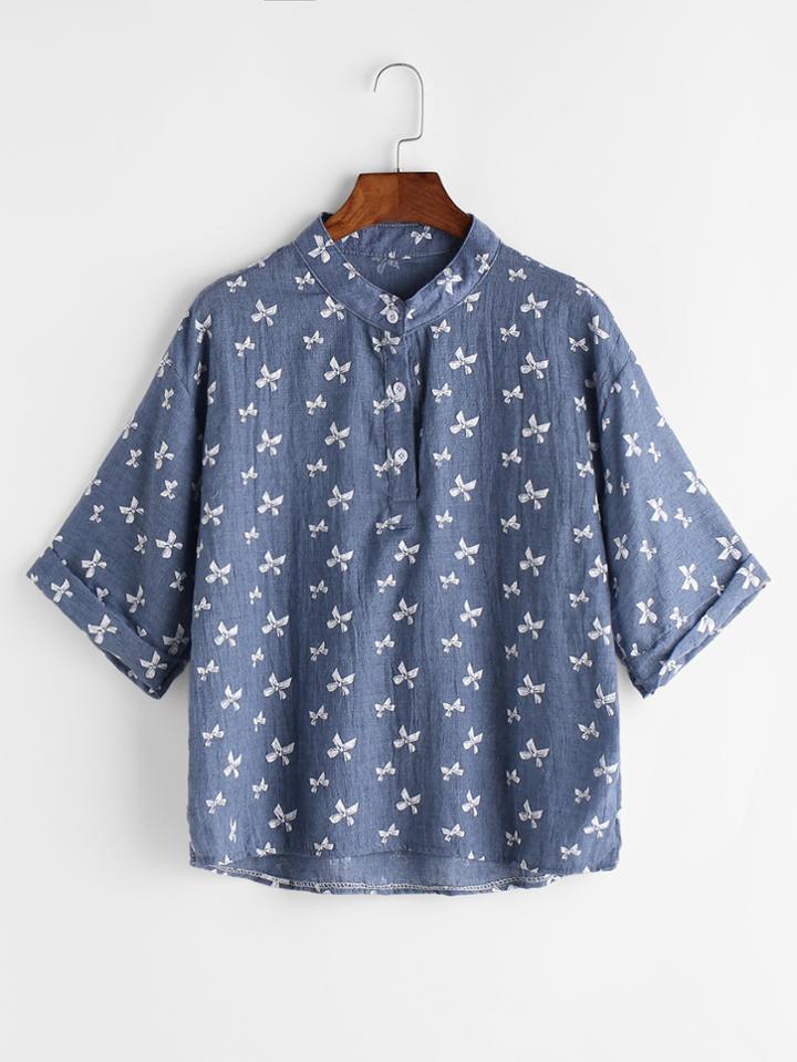 Romwe Rolled Sleeve Bow Print Dip Hem Blouse