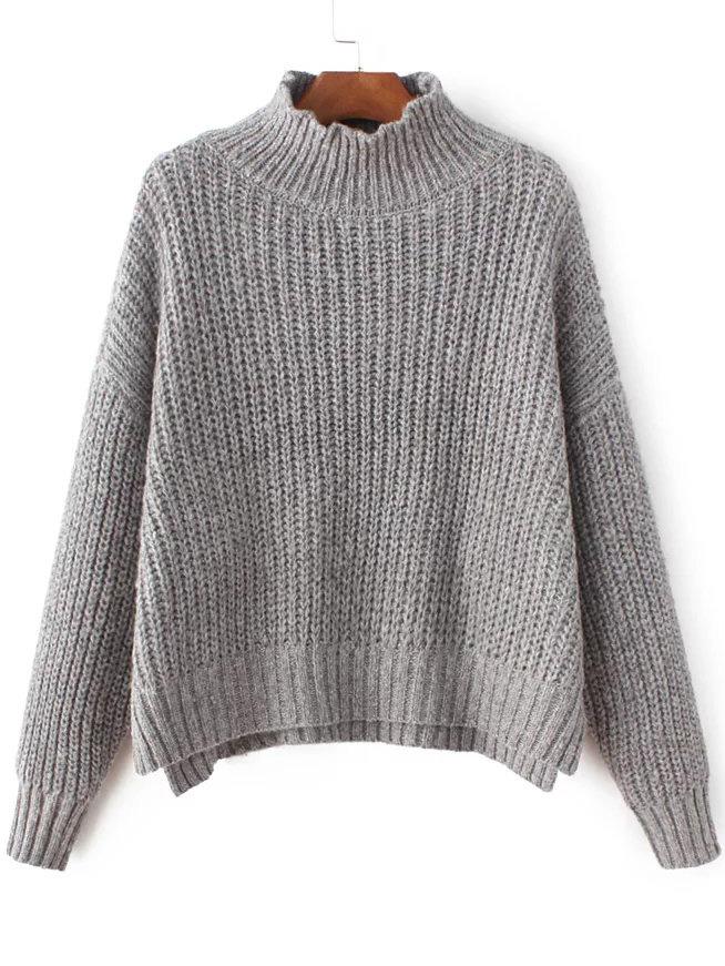 Romwe Grey Mock Neck Drop Shoulder Dip Hem Sweater