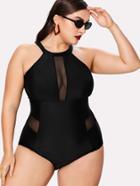 Romwe Mesh Panel High Neck Swimsuit