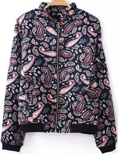 Romwe Cashews Print Stand Collar Jacket