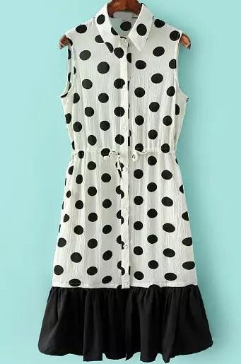 Romwe Lapel Contrast Hem Polka Dot Shirt White Dress