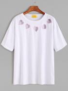 Romwe White Hearts Embroidered Hollow T-shirt