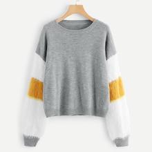 Romwe Contrast Faux Fur Sleeve Marled Sweater