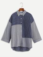Romwe Navy Striped Drop Shoulder Dip Hem Shirt