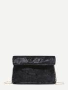 Romwe Black Foldover Velvet Clutch Bag With Chain