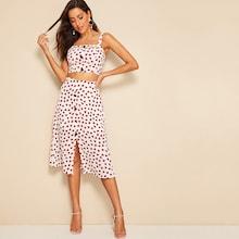 Romwe Heart Print Button Front Shirred Crop Top & Skirt Set