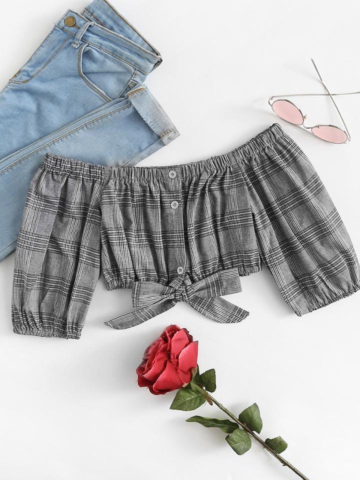 Romwe Off Shoulder Knot Hem Checked Crop Top