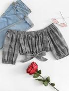 Romwe Off Shoulder Knot Hem Checked Crop Top