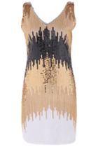 Romwe V Neck Sequined Gold Dress
