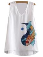 Romwe White Dip Hem Goldfish Print Tank Top