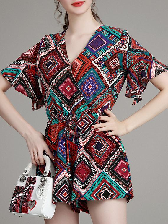 Romwe Multicolor V Neck Tribal Print Drawstring Jumpsuit
