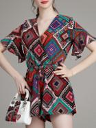 Romwe Multicolor V Neck Tribal Print Drawstring Jumpsuit