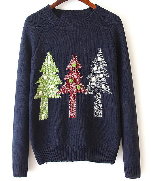 Romwe Christmas Tree Print Knit Navy Sweater