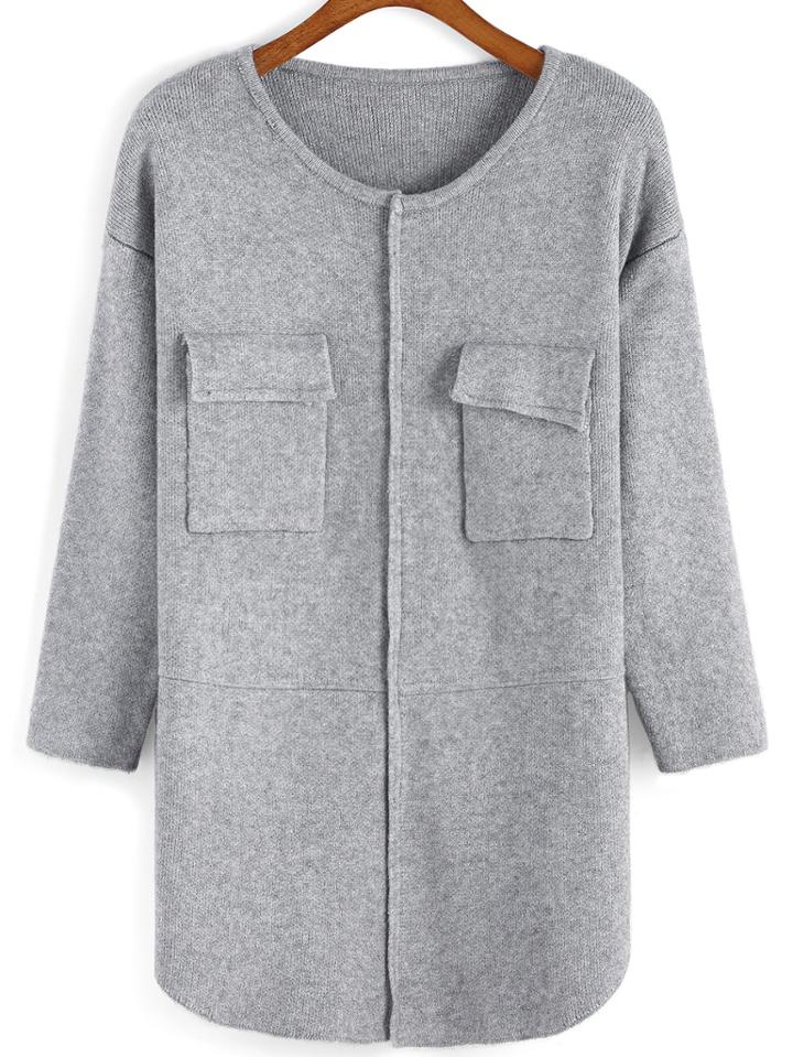 Romwe Round Neck Pockets Cardigan