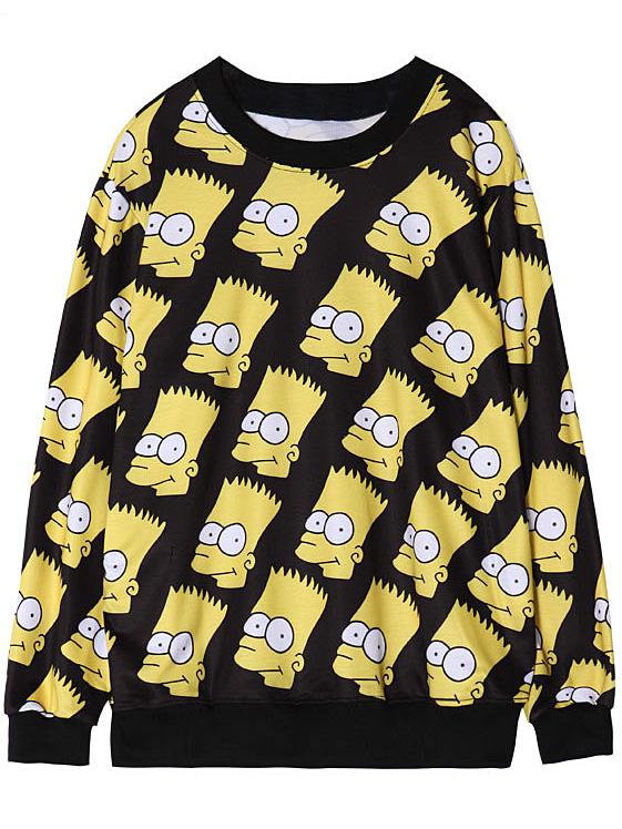 Romwe Black Yellow Round Neck Simpson Print Sweatshirt