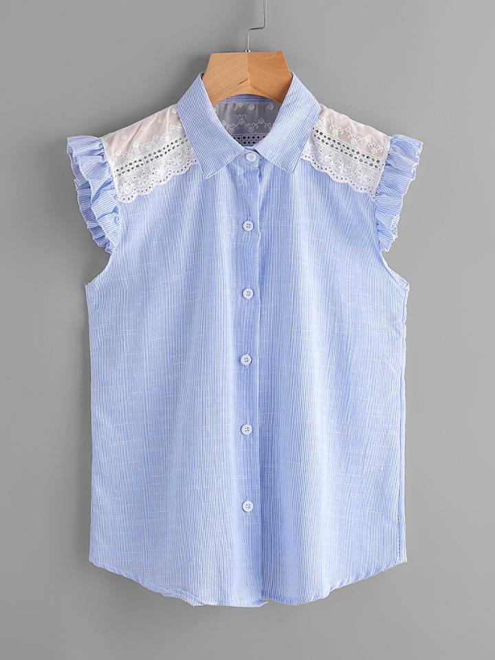 Romwe Pinstripe Lace Insert Frill Top