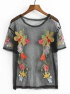 Romwe Flower Embroided Mesh Top