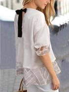Romwe Keyhole Tie-back Mesh Trimmed Blouse - White